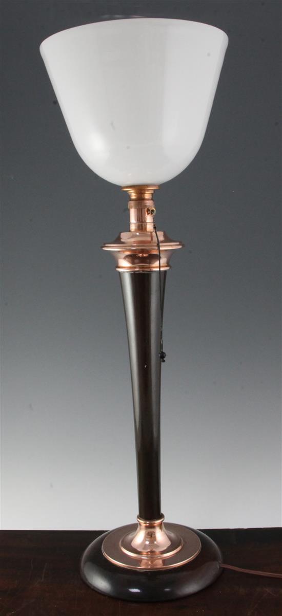 A Mazda style copper mounted rosewood table lamp, H.30.5in.